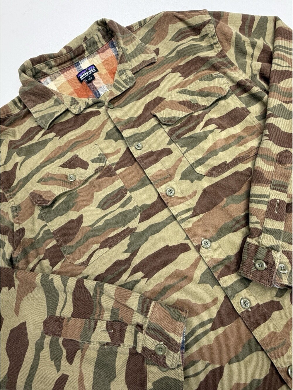 Patagonia Large Fjord Flannel Camo Shirt Chore Green Better Hunting Range